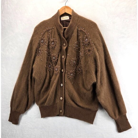 Coco Brown Fuzzy Wool Sweater Cardigan Vtg 80s M Belldini Pearl Beads Angora - Picture 3 of 15